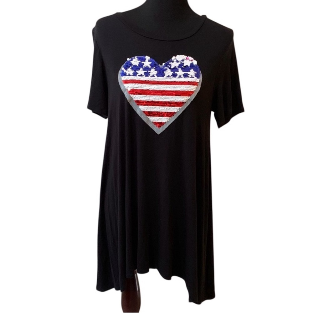 SOL RHR Black Dress with Reversible American Flag Sequin Heart Women’s Large